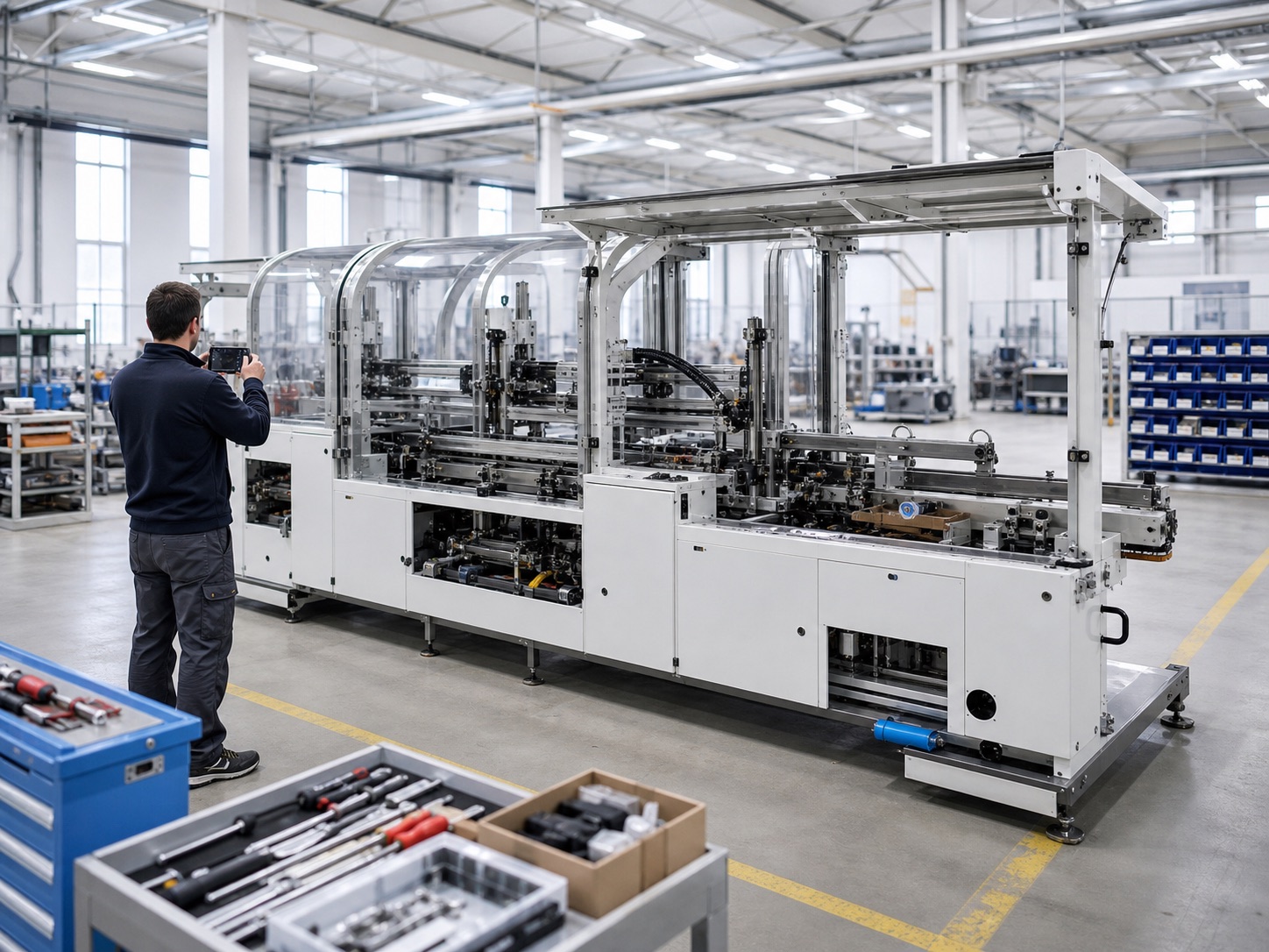 Packaging machine production progress documented on a factory floor