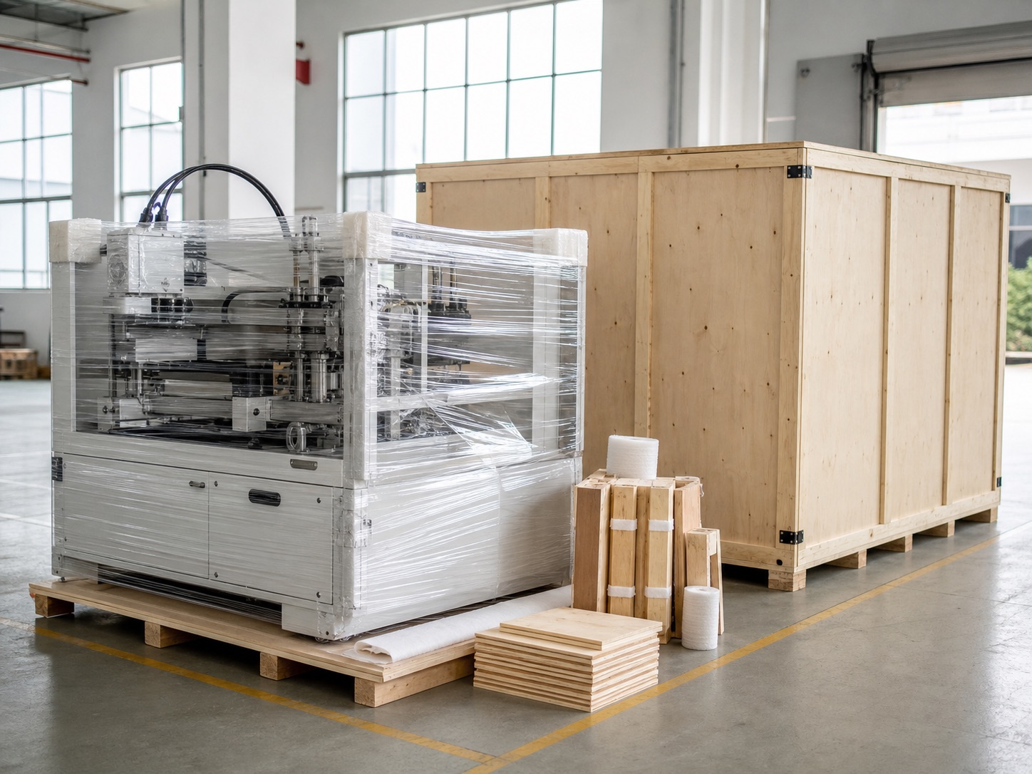Machine packing and export crate preparation for shipment handover